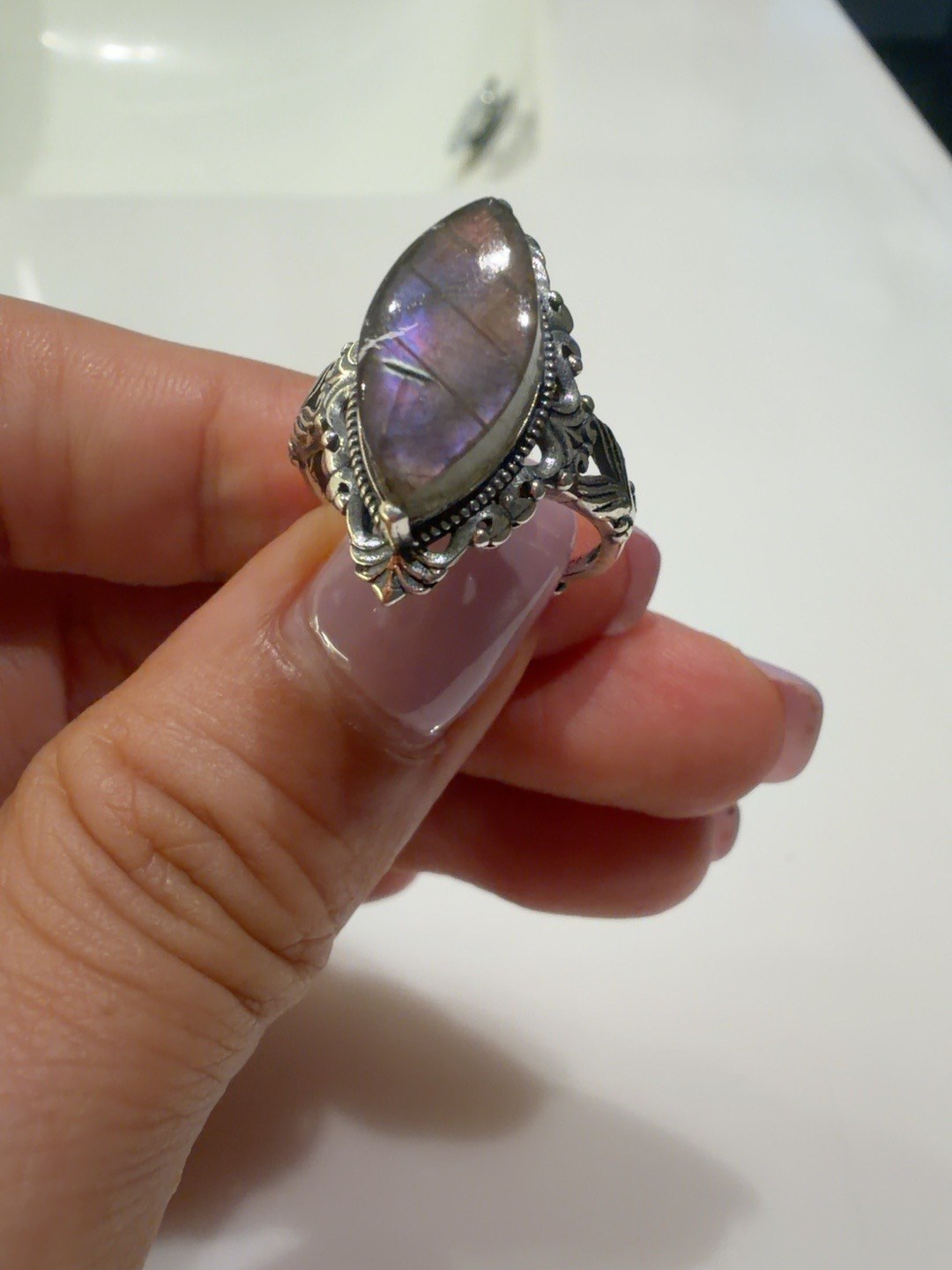 Finished purple-flash labradorite ring