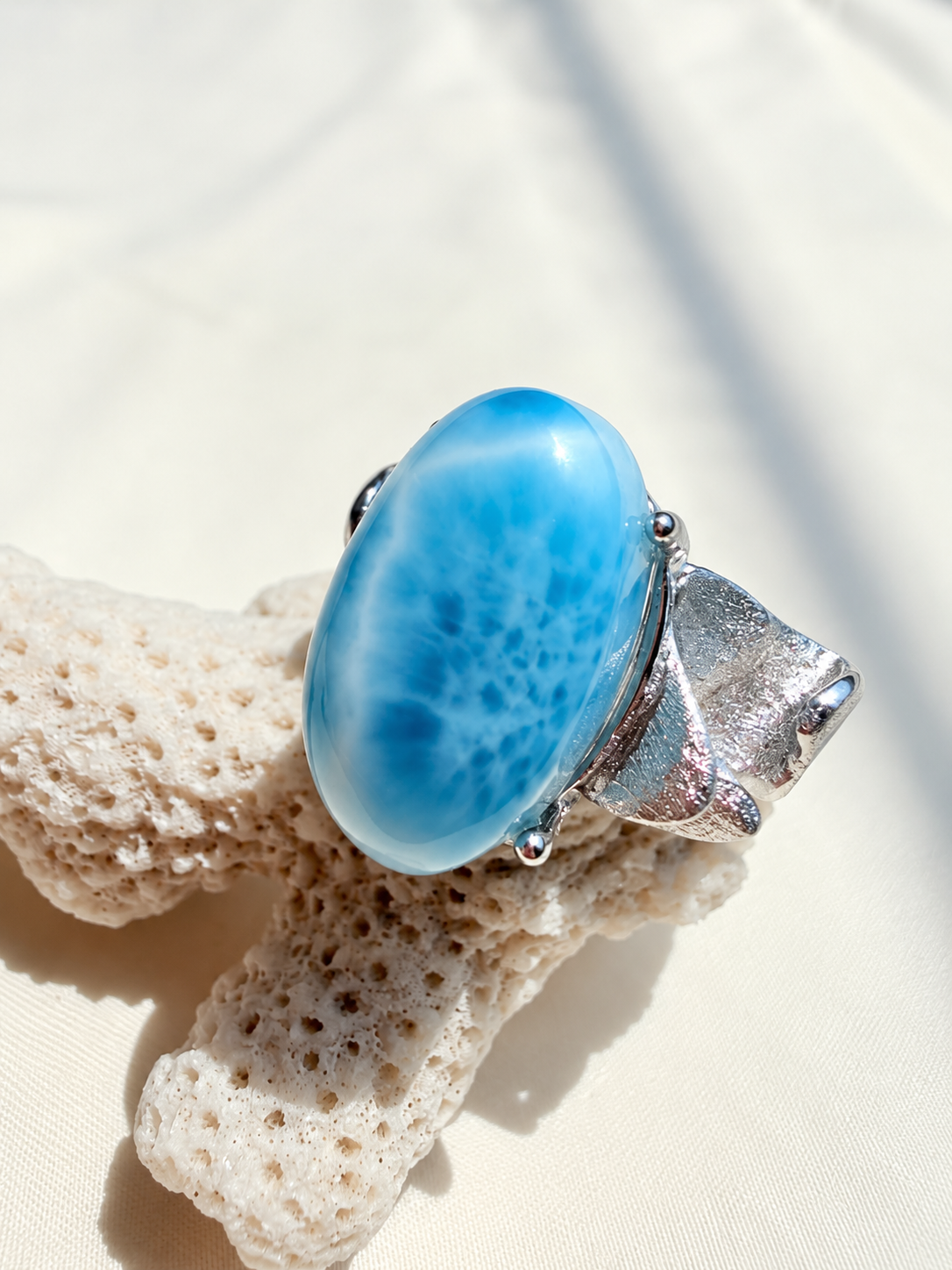 Sculptural Larimar ring photographed in natural light